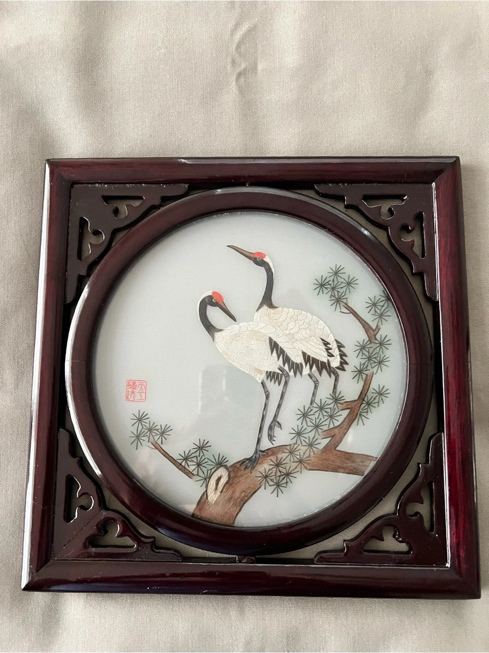Vintage Chinese Silk Embroidery Crane Wall Hanging